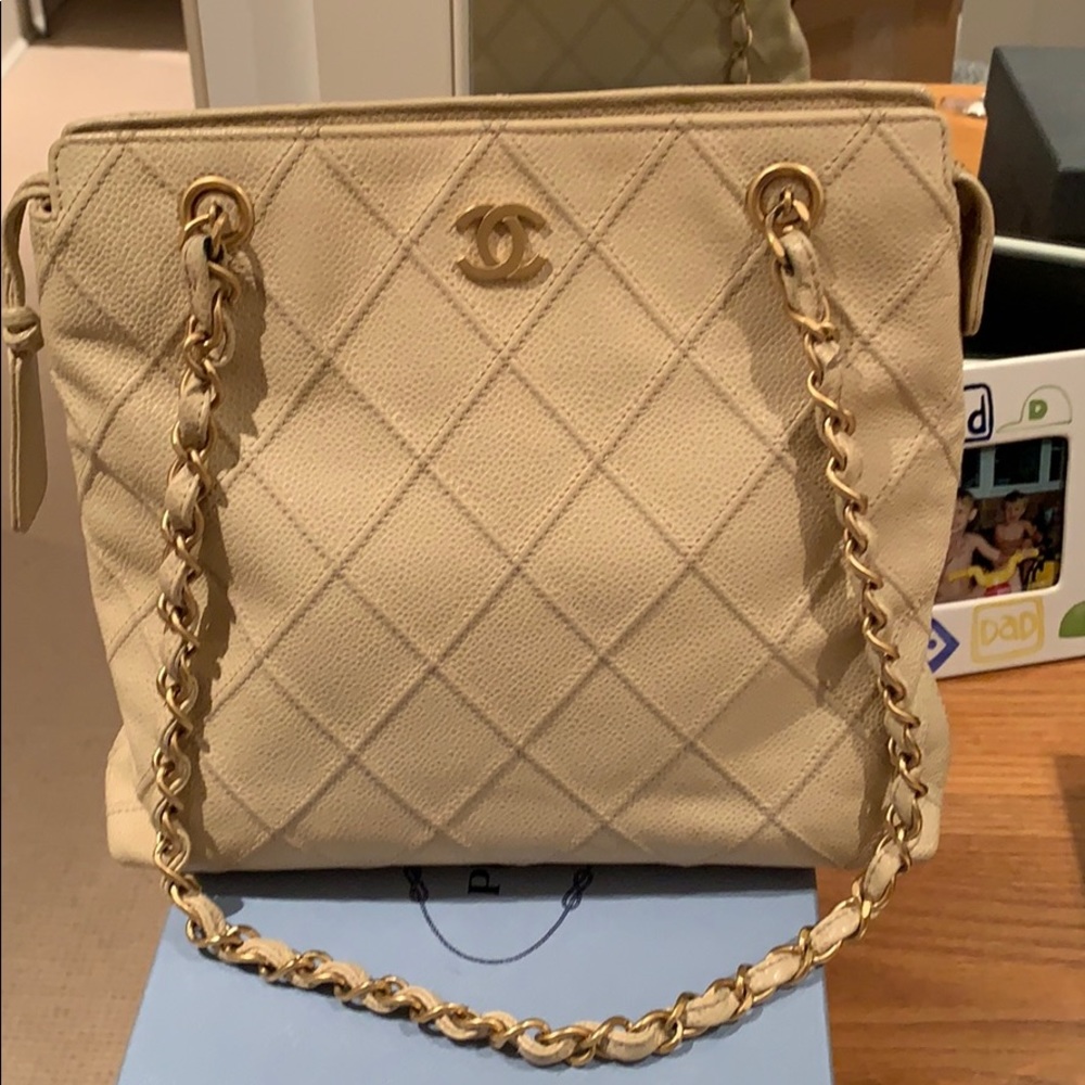 Channel over the shoulder tote bag